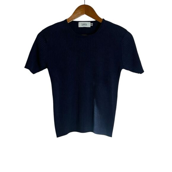 3 for $30! Laura Petites Navy 100% silk knit Ribbed T-Shirt - Picture 1 of 7